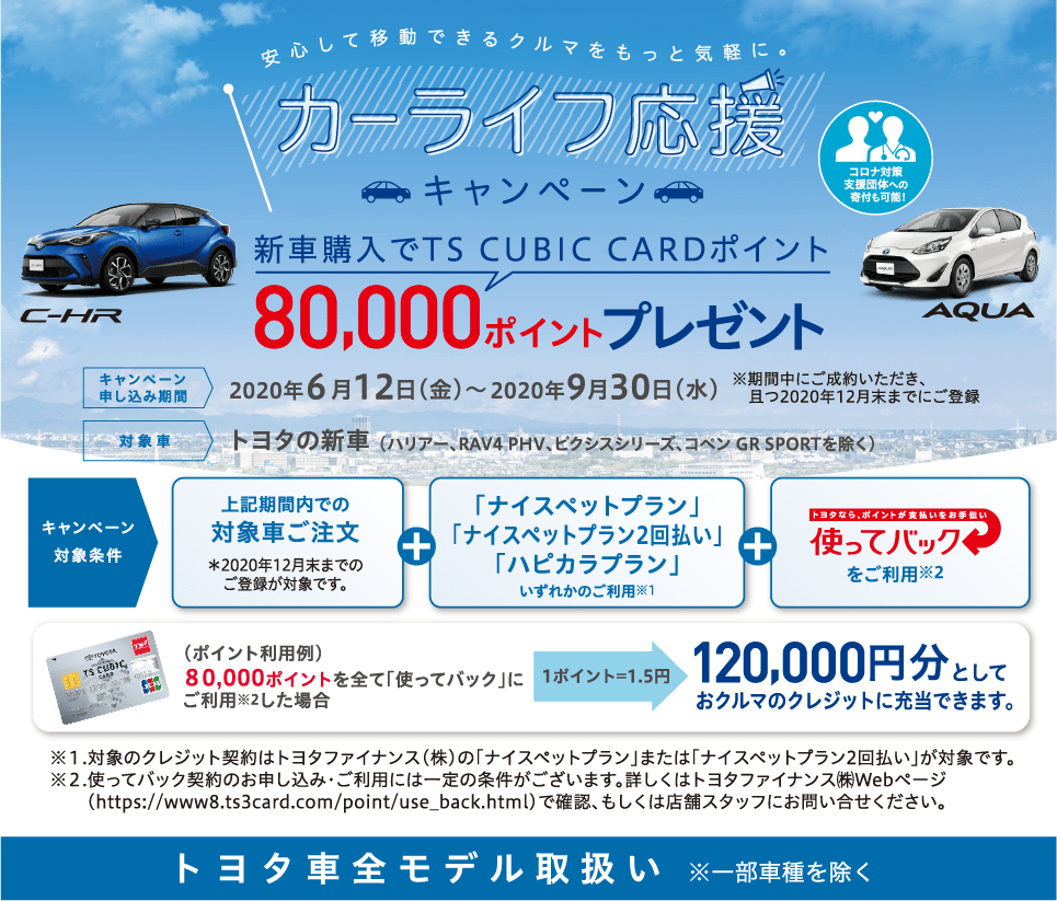 カーライフ応援キャンペーン　新車購入でTS CUBIS CARDポイント80,000ポイントプレゼント